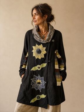 Leopards & Roses Floral Artsy Boho Jacket Size L Button Up Lagenlook Cardigan